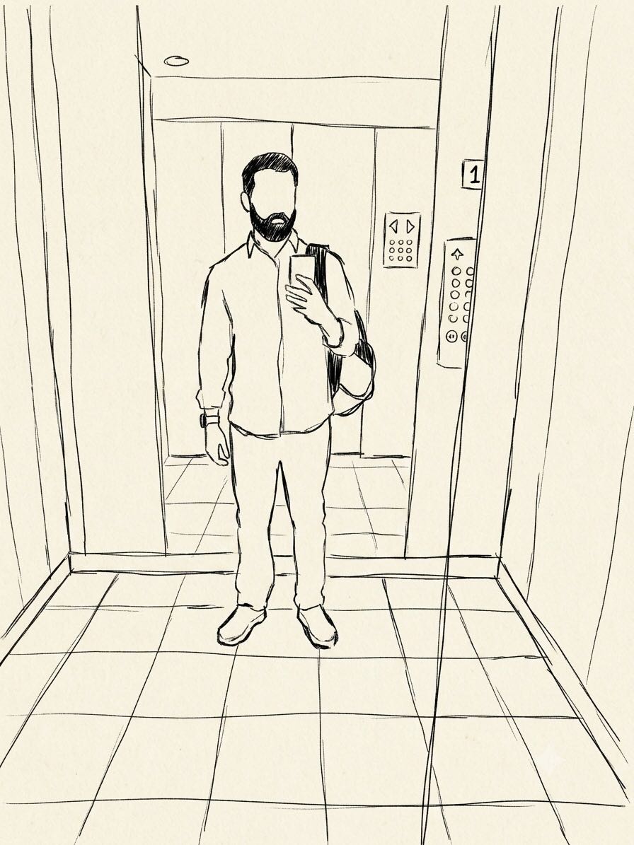 Hand-drawn sketch of a man taking a mirror selfie in an elevator