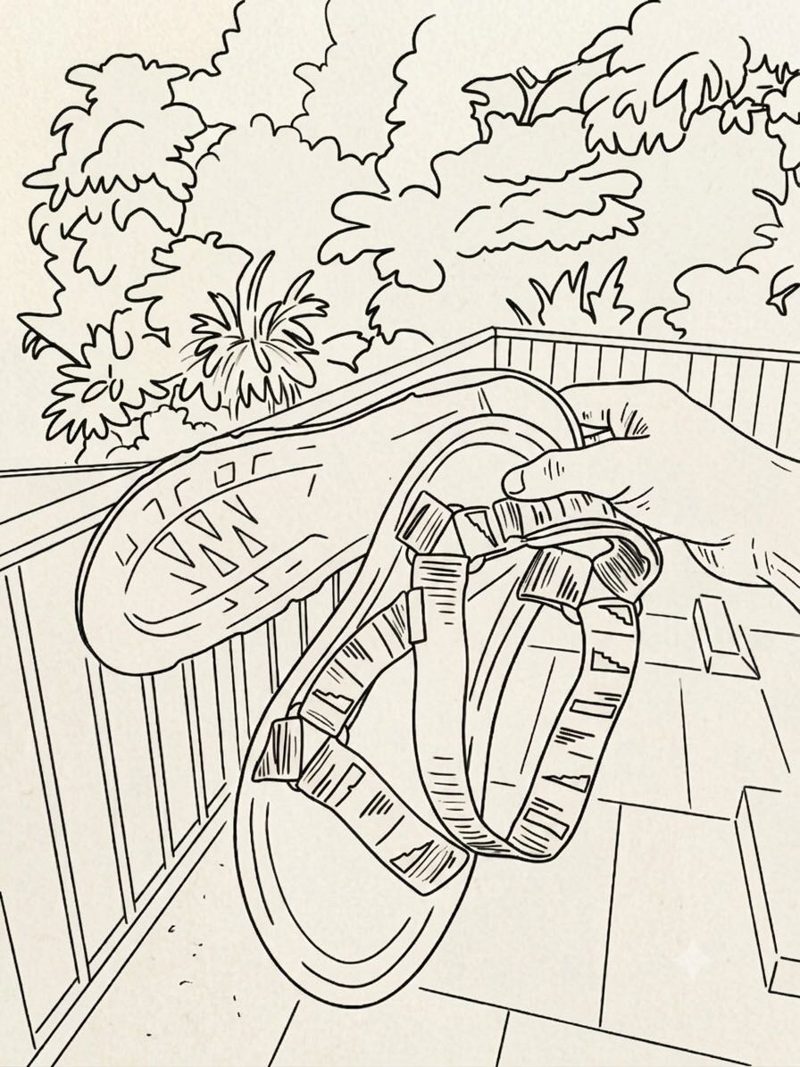 Hand-drawn sketch of a hand holding a pair of worn-out sandals with the sole separated
