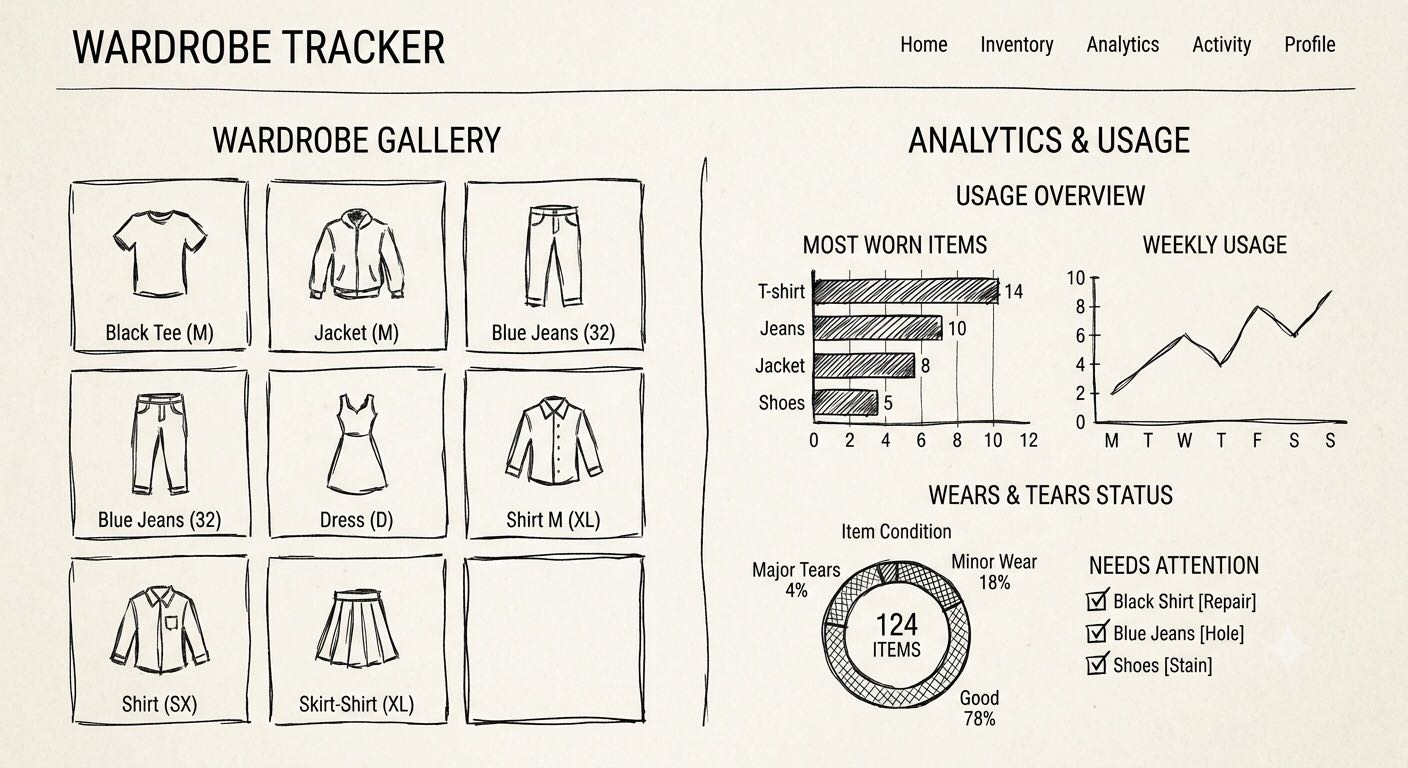 Hand-drawn sketch of a wardrobe tracker dashboard with a clothing gallery, usage charts, and item-condition stats