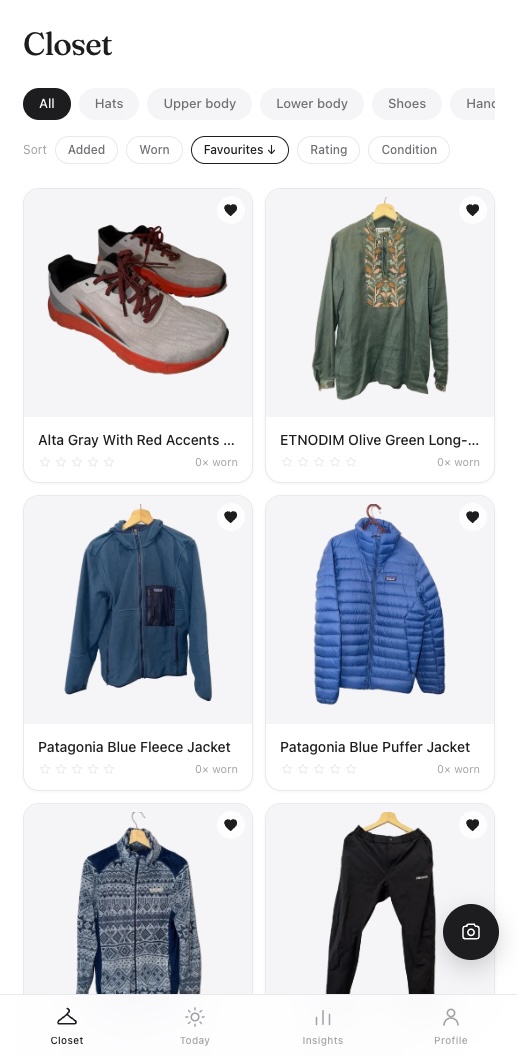 Closet screen showing a grid of wardrobe items with category filters